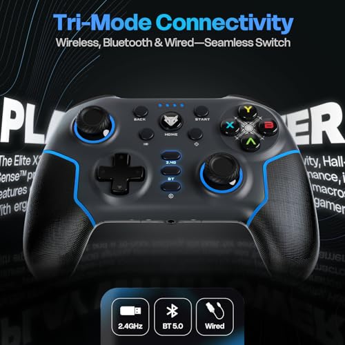 Image of EvoFox Elite X2 Pro Gaming Controller for PC, Android, TV, Switch Tri-Mode -2.4G /BT /Wired Gamepad, HallSense Magnetic Triggers & Joystick, 1000Hz Polling, RGB, Replaceable JoySticks,16h Battery-Black