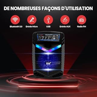 Pyle Enceinte Bluetooth Puissante,400W Enceinte Sono Portable avec Batterie Rechargeable,Subwoofer et Tweeter,Fonction d'Enregistrement, Micro Filaire SD,USB,AUX Radio, Eclairage LED et Roues, Noir