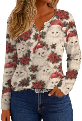 IWOLLENCE Womens Long Sleeve Aztec Western T Shirts Vintage Geometry Graphic Henley Tops Casual Button Down Blouse