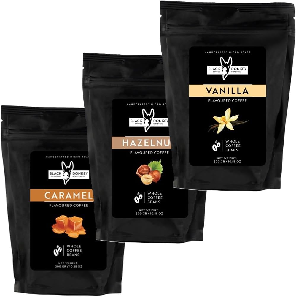 Flavoured Whole Coffee Beans - Taster Pack (300g, Pack of 3) | Caramel, Hazelnut, Vanilla | Hamper Style Gift Idea for Him & Her