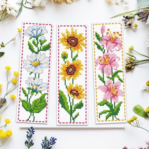 Image of ACRNIGHEET 6PCS Cross Stitch Bookmark Kit for Beginner Flower Pattern Stamped Cross Stitch Kits for Adults Crossstitch Kits Adult Bookmarks with Instructions Hand Embroidery Craft Gift 8''x2.4'' 11CT
