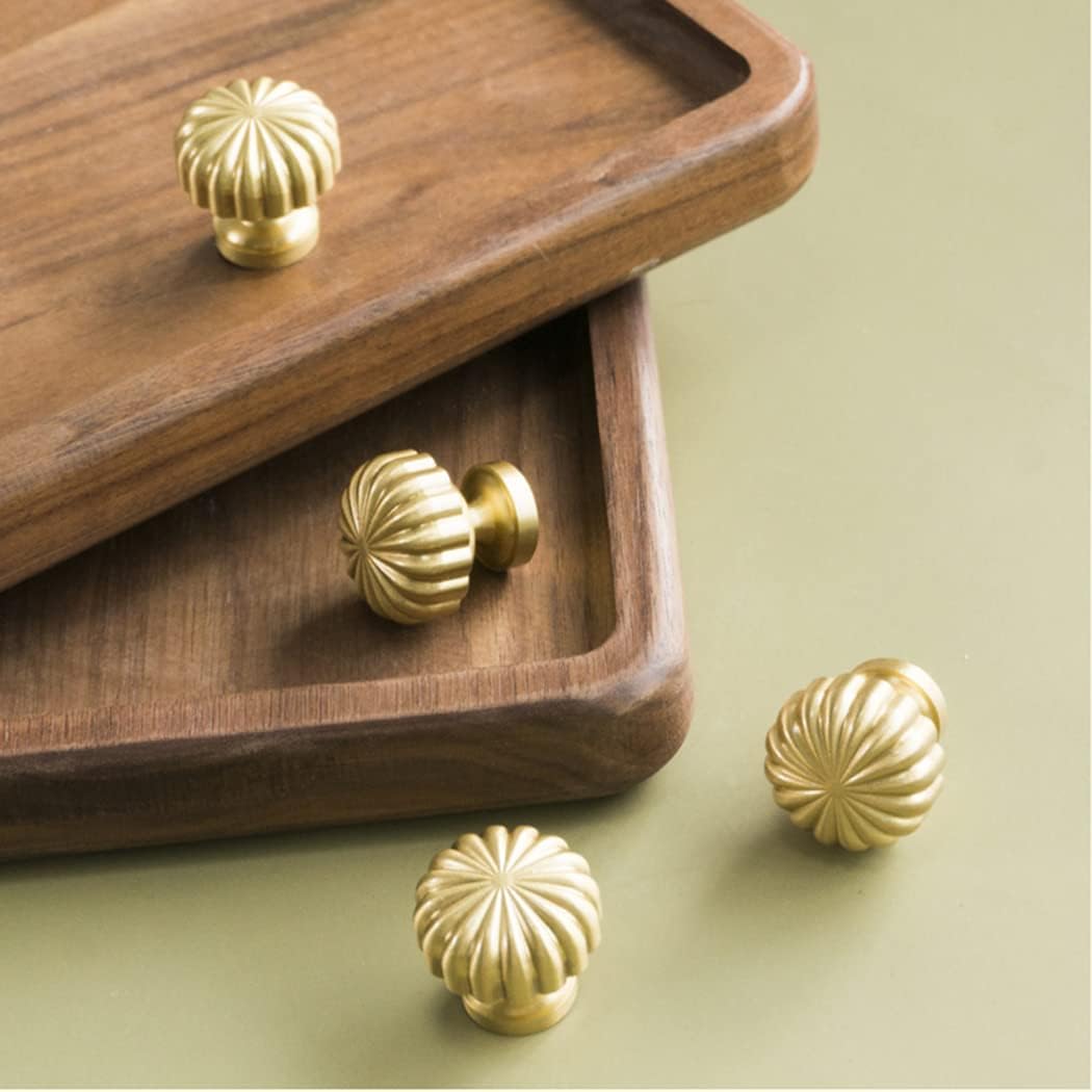 Brass Cabinet Knob Pumpkin Knob, Copper Drawer Knobs Round Handles Antique Gold Knobs for Kitchen Bathroom Cabinet Door Drawer, 2 Pack