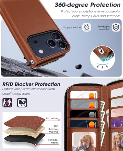Étui portefeuille iPhone 17 Pro Max magnétique amovible anti-RFID zippé brun