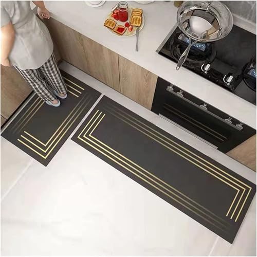 Image of SHREENIDHI Kitchen Floor Mat Set of 2 Rectangular Printed Mats for Sink Stove and Counter Area Placement with Kitchen Theme Geometric and Floral Design Options (Simple Line Mat 1)