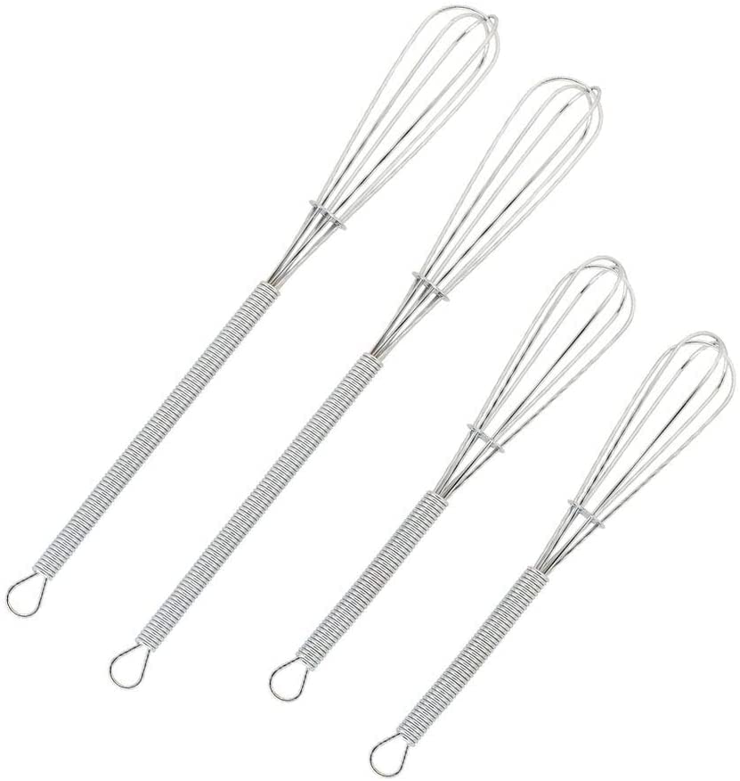 Wingsflying Lot de 4 mini fouets de cuisine en fil de fer pour œufs, sauces, mini-fouets argentés de 12,7 cm et 17,8 cm
