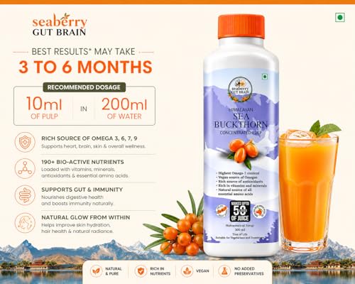 Image of Organics Himalayan Pure Sea Buckthorn Berry Juice 300ml | 100% Natural Pulp | Rich in Omega 3, 6, 7, 9 & Vitamin C | Boosts Immunity, Skin Glow & Gut Health | No Added Sugar or Colour | 30 Servings