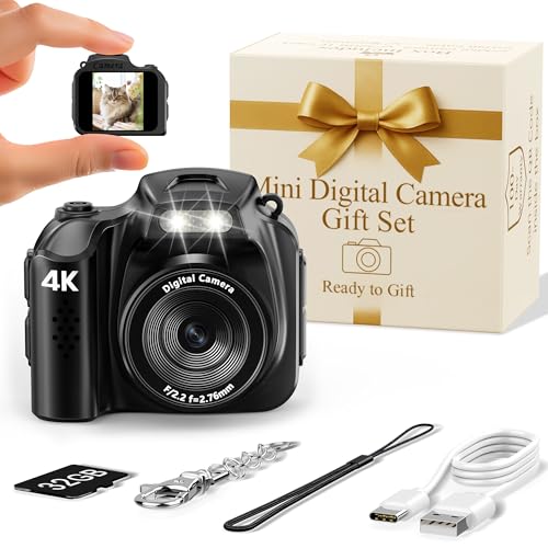 Mini digital camera gift set with 4K resolution, featuring a compact design, included accessories, and a gift box, relevant to gadget reviews and tech purchasing decisions.