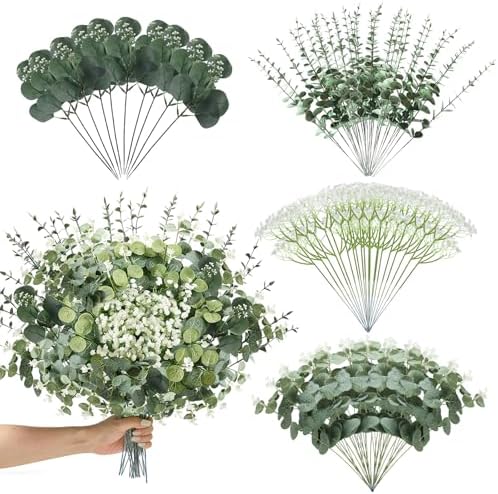 100 Pcs 4 Kinds Mixed Artificial Eucalyptus Greenery Stems, Babys...