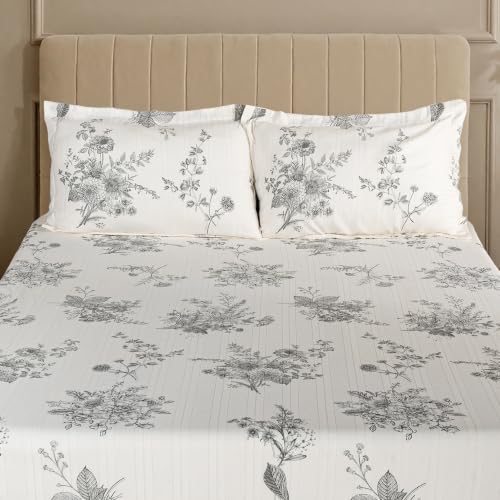 Image of Home Elegance from House of Mytrident | Linen Feel Bed Sheet for Double Bed King Size with Two Pillow Covers | Ultrasoft | Floral 274cm x 250cm | myTrident - Ethereal Grey