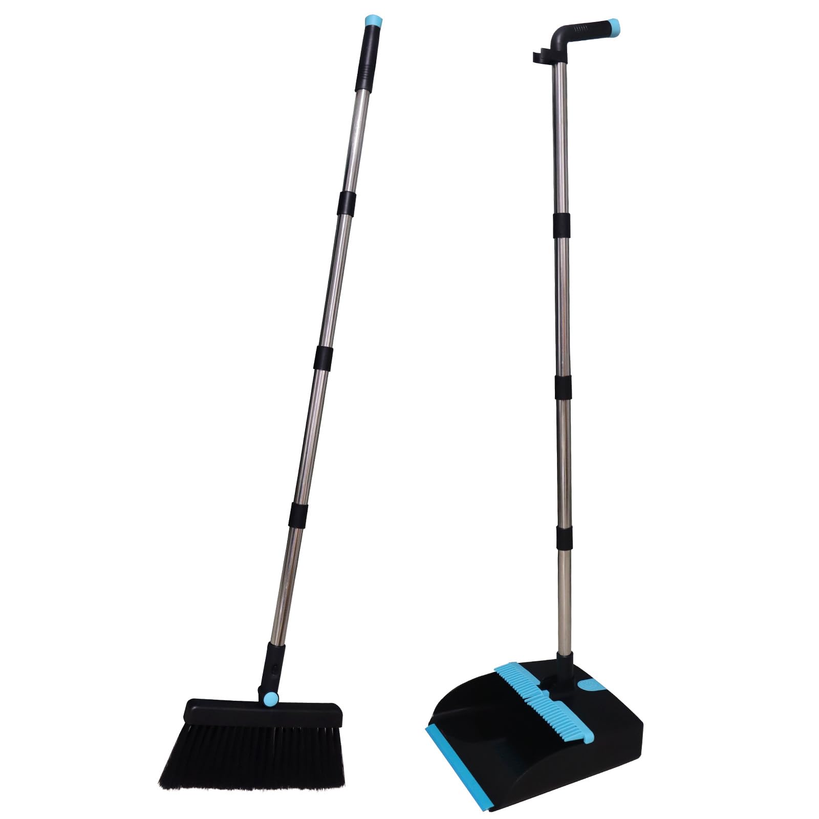 RoellgsBroom Dustpan with Comb Teeth Windproof Vertical Extension Pole Handle Broom kit Dustpan Set Household Cleaning Sweep (Blue)