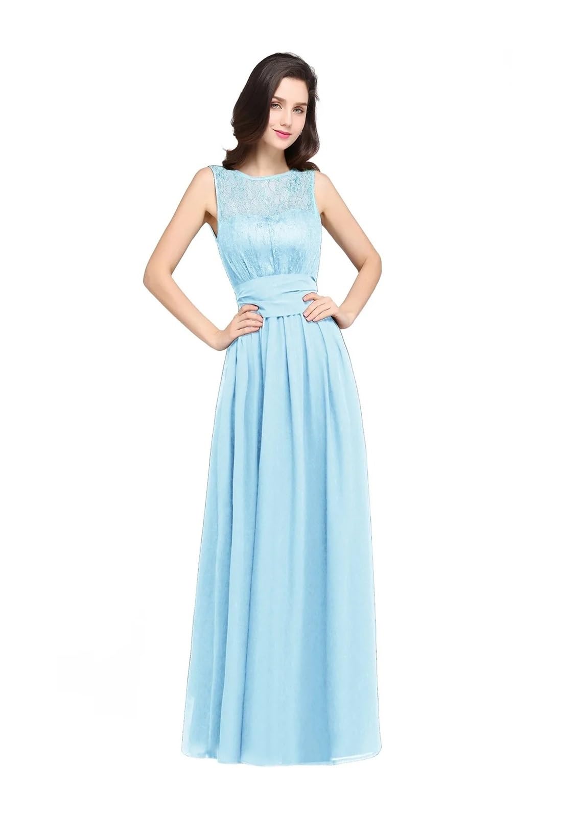 Vestido Fiesta Mujer Largo Vestido de Dama de Honor con Cuello ilusión, Encaje Floral, Falda de Gasa sin Mangas, Formal for Invitados de Boda