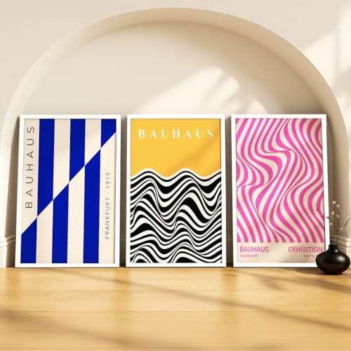 Image of SoulAbiti Geometric Shapes Series set of 3 Framed Wall Print 12x18 inch White Frame Plexi-Glass Bauhaus Art ready to hang for living room bedroom office decor
