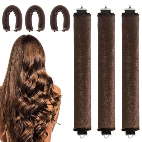 3 Pack Overnight Heatless Rods Curls Blowout Suede Flexi Rods for Overnight Heat Free Jumbo Curls No Heat Styling Tools Soft Hair Rollers for All Hair Type (Brown One Size)