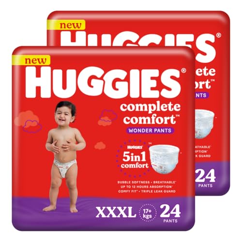 Image of Huggies Complete Comfort Wonder Pants Triple Extra Large (XXXL) Size (17 Kgs+) Baby Diaper Pants, 24 count|5 benefits in 1 diaper| Bubble Bed softness | Upto 12 hour overnight absorption (Pack of 2)