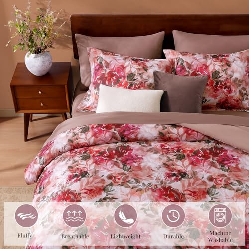 CASAAGUSTO Queen Comforter Set, 7 PCS Red Rose Floral Comforter Set with Flowers Leaves Pattern, Soft Seersucker Design All Season Queen Size Bedding Set(90"X90")