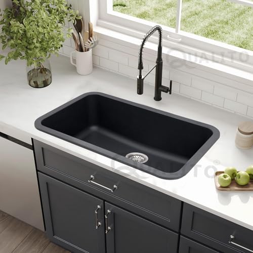 Image of Qualito Granite Quartz Kitchen Sink 31x19 Inch Black | Single Big Bowl Modern Sink | Matt Finish Kitchen Sink with Sink Coupling and Sink Waste Pipe | Sink for Kitchen (31x19 Inch Black)