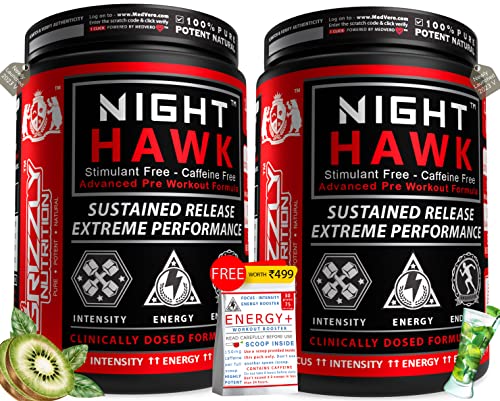 Grizzly Nutrition, NIGHT HAWK – Stimulant free/No Caffeine Pre workout/intra, specially designed for evening/night workout,920gms,30+performance boosters -Dual pack (kiwi martini + lime mojito) with Energy+ Grizzly Nutrition, NIGHT HAWK – Stimulant free/No Caffeine Pre workout/intra, specially designed for evening/night workout,920gms,30+performance boosters -Dual pack (kiwi martini + lime mojito) with Energy+