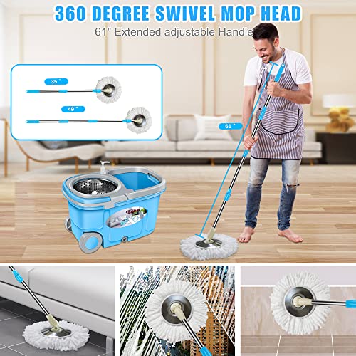 Tsmine Spin Mop For Floor Cleaning,Mop And Bucket With Wringer Set,Commercial Microfiber Mop For Hardwood Floor,Kitchen Household Cleaning Tools Supplies With 6 Replacement Refills,61" Extended Handle #TOP5