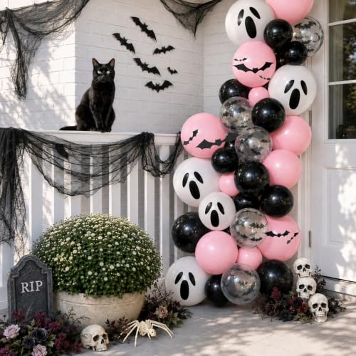 Image of Halloween Balloons, Pink and Black Balloon for Halloween Party Decorations | Pastel Pink Black Balloon, White Ghost 3D Bat Print Latex Balloons, Night Halloween Spooky One Scary Birthday Party Decor