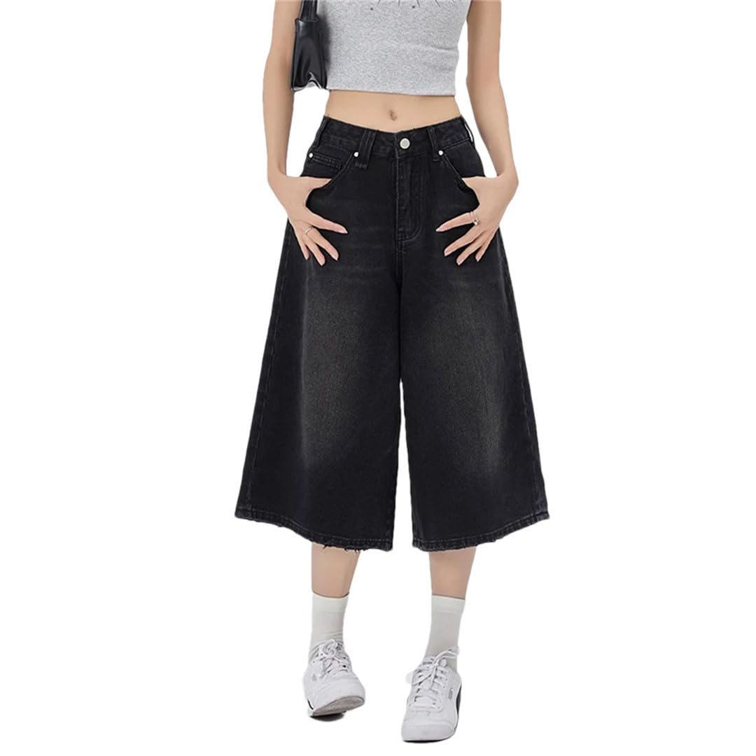 Damskie luźne spodenki dżinsowe do streetwear retro sprane spodnie capri z szerokimi nogawkami luźne dżinsy do kolan