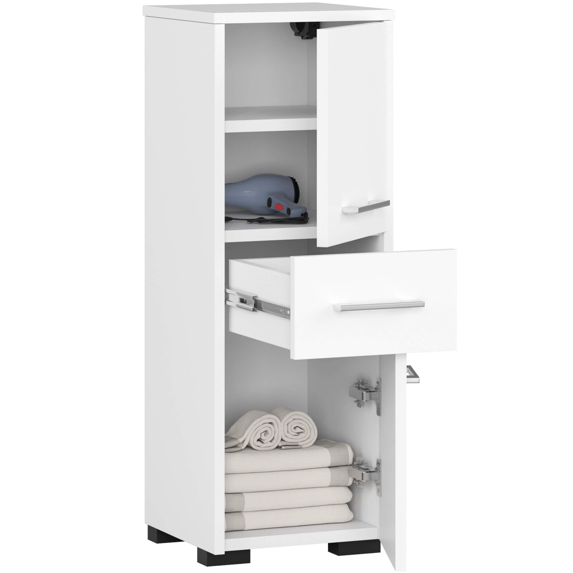 AKORD | Columna de baño Fin 85 | 30x85x30 cm, Peso 25 kg | 2 Puertas y 1 Cajón | Mueble Moderno | Mueble de Pared | Armario Cerrado de Suelo | También Adecuado como Armario Colgante | Blanco