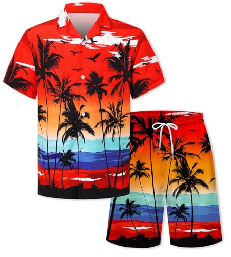 Image of Cromoncent Boy and Men Hawaiian Outfits Short Sleeve Shirts and Shorts Hawaiian Suits Beach Tropical 2 Pcs Vacation Sets