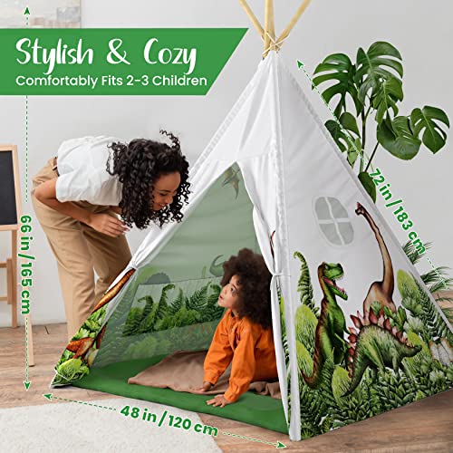 W&O Dinosaur Kids Teepee Tent With Roar Button, Led Lights & Plush Mat - The Most Stable Teepee Tent For Kids - Dinosaur Tent - Dinosaur Toys For Kids Play Tent - Kids Tent Indoor - Toddler Tent #TOP4