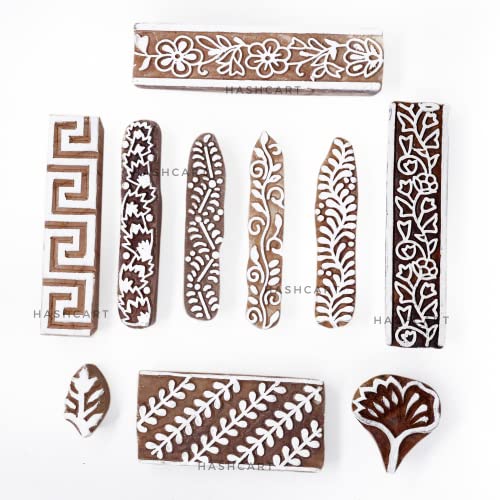 Image of Hashcart | Set of 10 | Wooden Multi Design Printing Blocks for Saree Border | Henna Mehndi Hand Printing | Handmade Stamps for Scrapbooking | Fabric Textile | Project Making | Art Craft