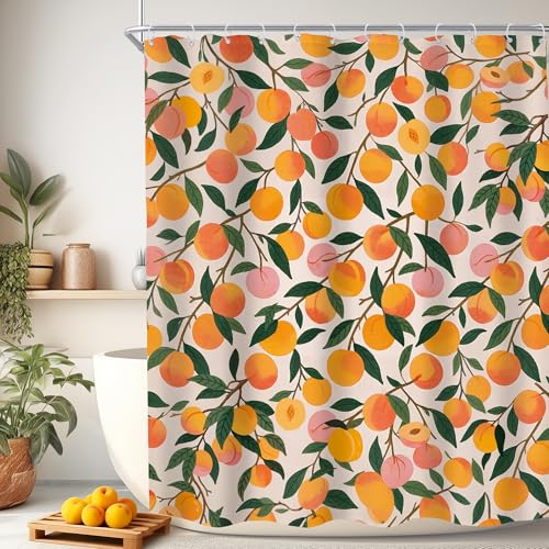 KOMLLEX Peach Shower Curtain for Bathroom Decor 60Wx72H Inches Summer Orange Fruit Tropical Green Leaves Kids Cute Lovely Retro Plant Botanical Spring Girly Fabric Waterproof Polyester 12 Pack Hooks