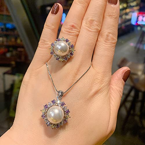 Parure de bijoux perles blanches 12mm avec collier pendentif et bague pour mariage