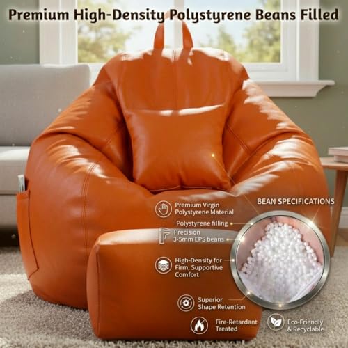 Image of KAM'S LIEU 5XL Luxury Faux Leather Bean Bag with Footrest & Cushion | Pre-Filled High-Density Polystyrene Beans | Premium Leatherette | 6 Months Warranty Color- (Orange, Without Footrest)