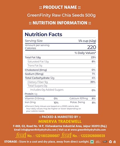Image of GreenFinity Raw Chia Seeds | Rich in Omega 3, Fiber, and Antioxidant | Healthy Seeds for Weight Management, Immunity Booster, Healthy Hair and Skin, Salads, Snacks, Smoothies, and Baking (500g)