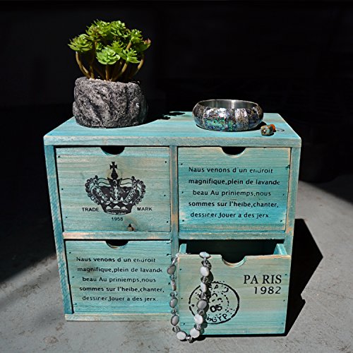 French Country Design Rustic Turquoise 4 Drawer Wooden Storage Cabinet/Jewelry Organizer Chest - MyGift