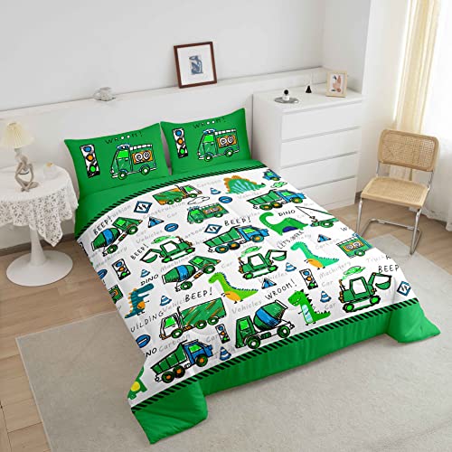Loussiesd Kids Construction Duvet Insert/Quilt Boys Cute Cartoon Dinosaur Comforter For Toddler Ultra Soft Equipment Trucks Car Bedding Set Machinery Truck Dino Down Comforter Double Size Duvet Set - Image 2