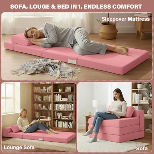 Image of Tiita Folding Sofa Bed Chair, 4-Fold Convertible Sleeper Chair with Lumbar Pillow, Washable Cover & Side Pocket, Floor Couch Bed with Raised Seat, Single Size for Small Spaces, Pink