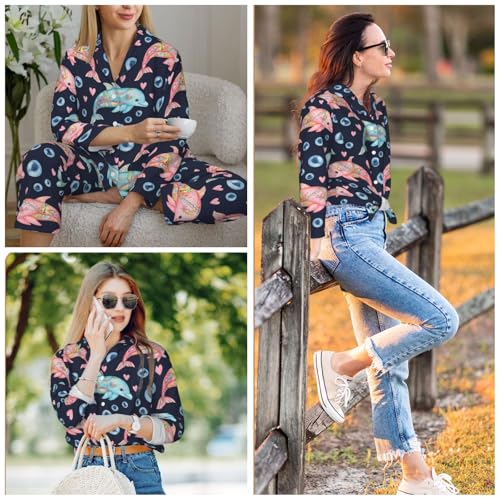 Image of Women'S Long Sleeve Pajama Set Soft Loungewear Button-Down Top & Elastic Waist Pants S- 2XL
