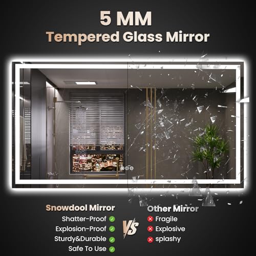 60"X36" LED Bathroom Mirror with Front Lights and Backlit, Anti-Fog, Dimmable, Shatter-Proof Tempered Glass, Lighted Bathroom Vanity Mirror for Wall with 3 Colors, Memory Function
