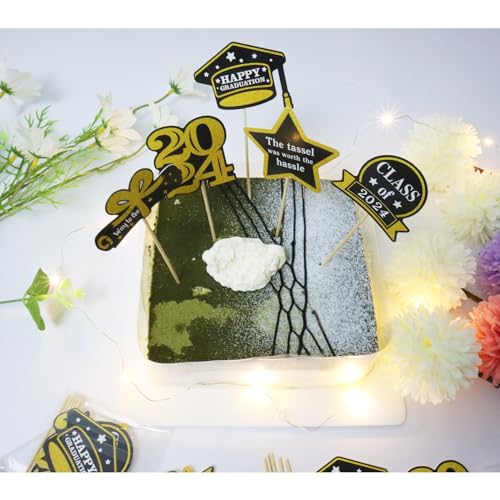 Chanseen 30Pcs Black and Gold Graduation Cupcake Toppers Class of 2024 Congrats Grad Cupcake Topper Picks Party Accessories Decorations Party Supplies (Gold, Black)