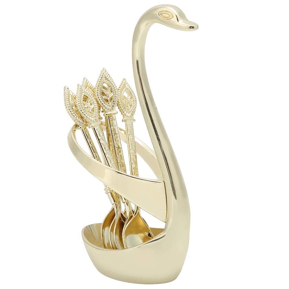 Ejoyous Cucchiaio da caffè Cucchiaio da tè da tè Set da 6 Pezzi con Supporto a Forma di Cigno per le Stoviglie di Ristoranti per Feste in Casa (Golden Cygnus + 6 cucchiai)