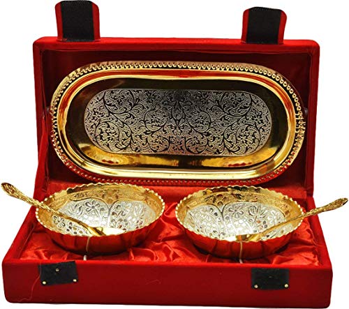 Image of Indicraftsvilla Silver /Gold Round Bowl Set with Royal Velvet Box- Capsule 5 PCS Set
