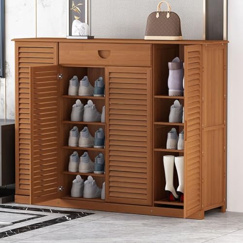 Organisateur de rangement de chaussures en bambou meuble 4 portes à volets pour 28 paires