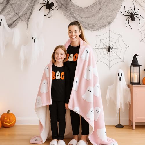 Smoofy Throw Blanket Halloween Blanket with White Ghost Pink Throw Blankets for Bed and Couch Soft Fluffy Fleece Blanket 60x80 inches