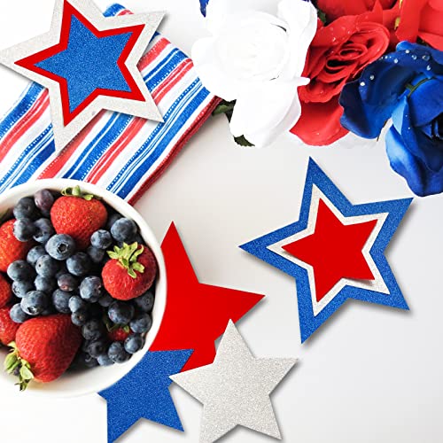 Image of 63 Pieces Patriotic Star Cutouts Red White and Blue Glitter Star Paper Cutouts Kit 4th of July Decoration for Independence Day Bulletin Board Classroom Wall Party Decoration Supply (Color A, 63)