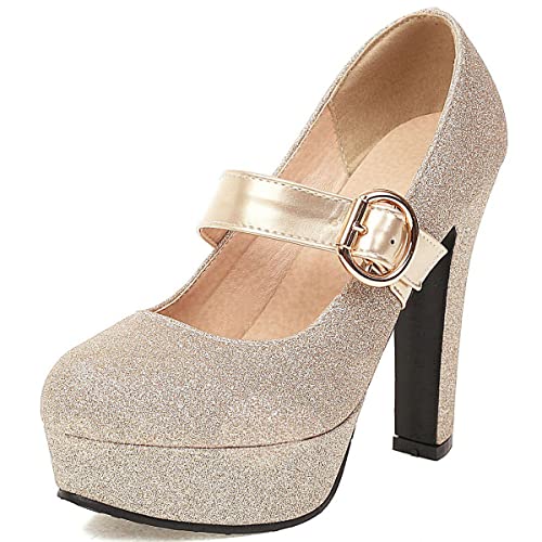 ClassicSter Womens Glitter Mary Jane Platform Pumps Round Toe Chunky High Heel Pumps with Ankle Strap2