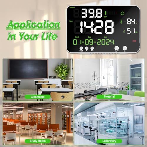 LYCEBELL Schallpegelmesser zum Aufhängen Digitales Dezibel-Messgerät Temperatur Luftfeuchtigkeits- und Geräuschmessgerät, Wandhalterung30~130 dB, 11 Zoll großer LED-Bildschirm