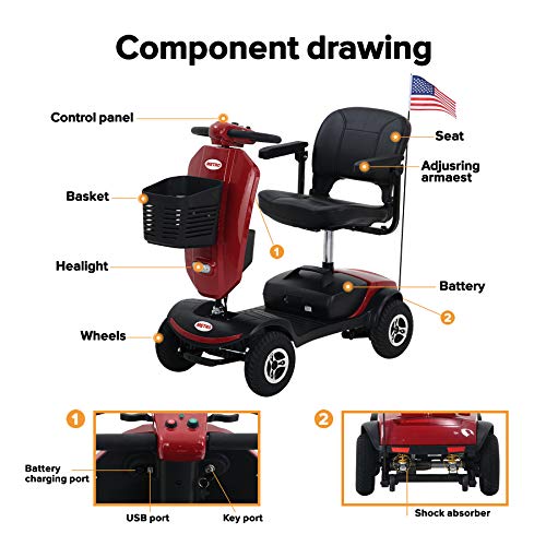 Metro Mobility USA Patriot Compact Travel Electric Power Mobility Scooter for Adults - 265 lbs Max Weight,4 Wheel, 18 in Width Thick Leather Seats, Large Capacity Lead-Acid Battery - Red - Thumbnail 5