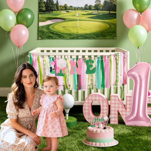 Image of Golf Hole in One Highchair Banner for First Birthday Party Decorations | Pink Green Golf High Chair Fabric Banner for 1st Birthday Backdrop Decorations Photo Props Baby Shower Party Supplies