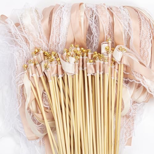 Lot de 50 Baguettes de Mariage, Baguettes de Mariage, Plan de Table, Banderoles de Mariage Avec Grandes Cloches et rubans de Mariage, Baguettes Magiques, De fée en Soie...