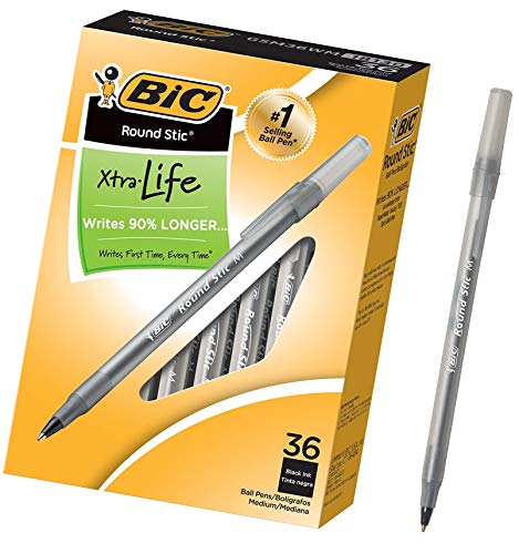 BIC Round Stic Xtra Life Ballpoint Pen, Medium Point (1.0mm), Black, 36-Ct - 1 Pack