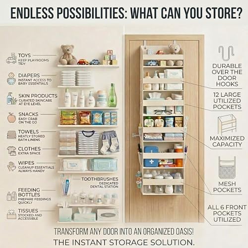 Image of HOMELUX THEORY UPGRADED 6 Tiers Over The Door Organizer Hanging - 100D EXTRA THICK & 50lbs HUGE CAPACITY, 12 Side Mesh Pockets Over The Door Shoe Organizer, Hanging Closet Organizer (Ivory, 2pc)